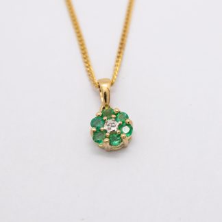 9ct Yellow Gold Emerald and Diamond Cluster Pendant with Chain_0