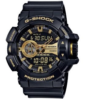 Casio G-Shock Analogue Watch 200m W/R, Rotary Switch, Black/Gold Resin Strap_0
