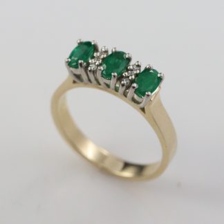 9ct Yellow Gold 3 x Emeralds 6x Diamond Ring_0