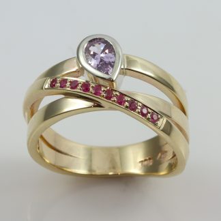 9ct Yellow Gold Ring Pear Purple Sapphire & 10 Rubies_0